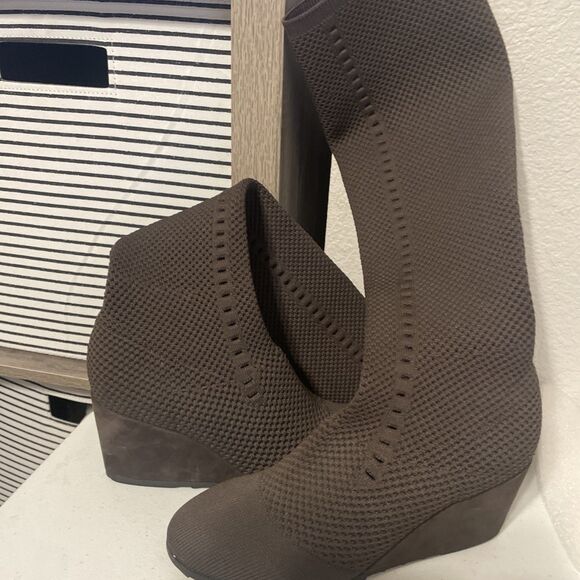 Eileen Fisher Kasana Chocolate Brown Knit Wedge Boots Mesh Stretch VNC 6.5 - Picture 11 of 11